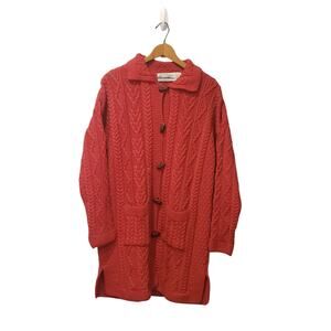 Aran Crafts Ireland Womens 100% Merino Wool Red Long Fisherman Cardigan Medium
